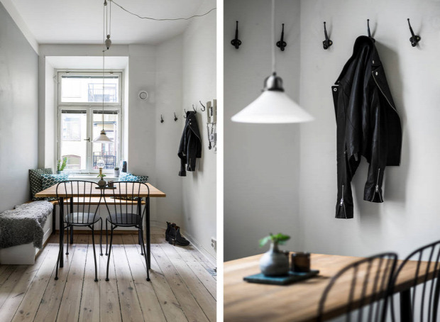 kis lakás garzon helykihasználás praktikus kialakítás skandináv stílus szürke falak