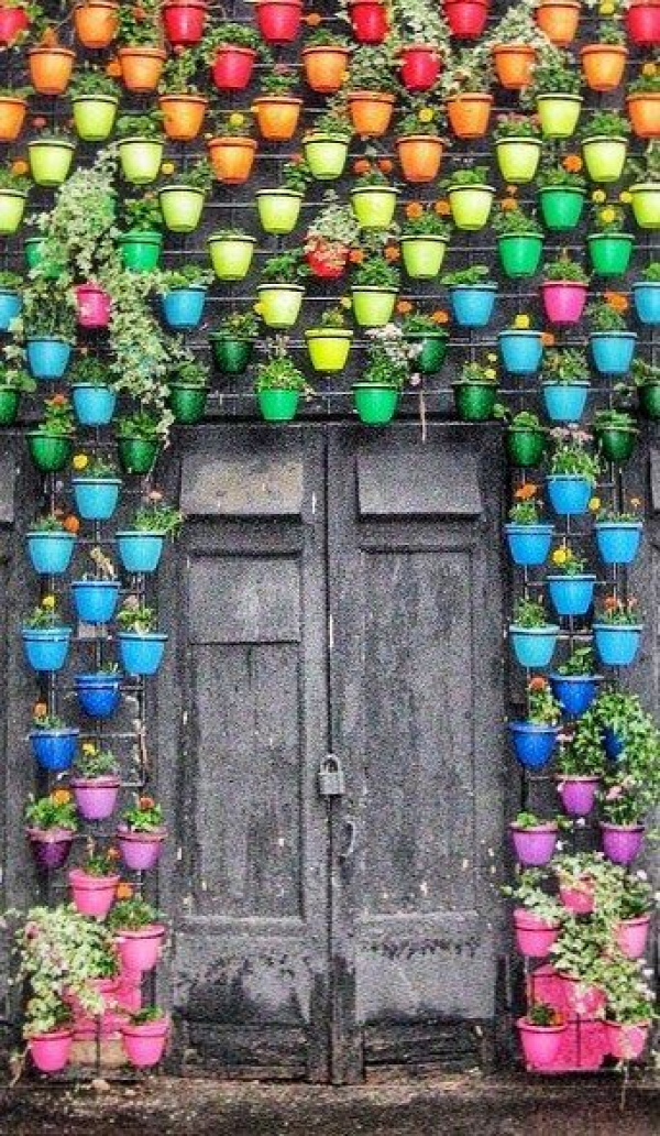 A rainbow of potted plants greets you at this door in Moscow, Russia.