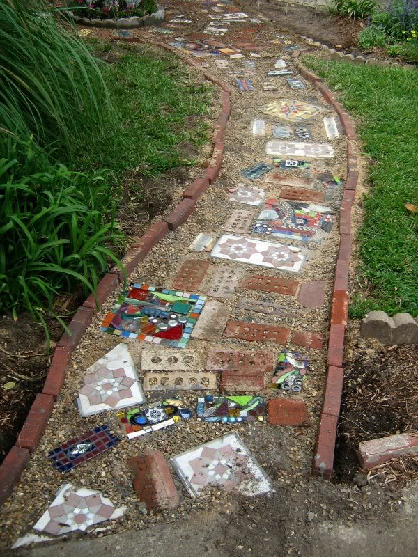 pinner wrote: This is fun!  Use old & new bricks, salvaged tiles, broken dishes & other eclectic finds to build a walk that's also a memory path.  Would be cute going out to the garden shed.