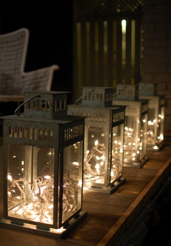 white twinkle lights / christmas lights in lanterns
