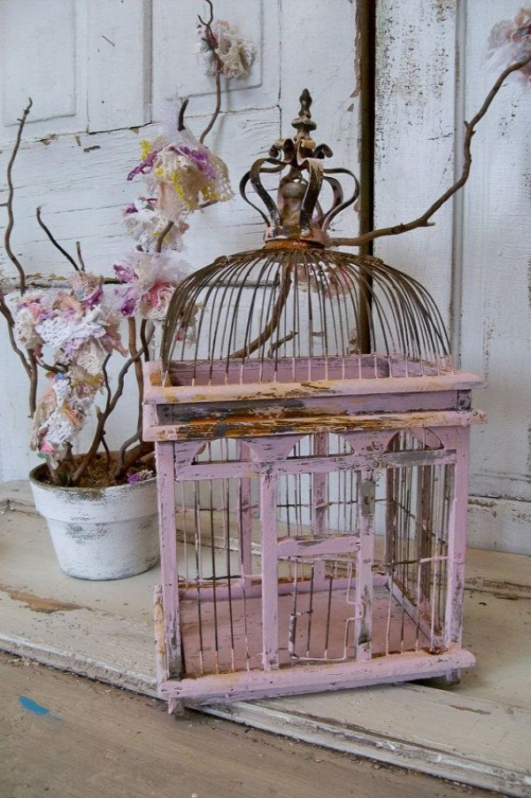 Soft pink bird cage romantic muted with crown distressed rusted shabby chic home decor Anita Spero. $162.00, via Etsy.