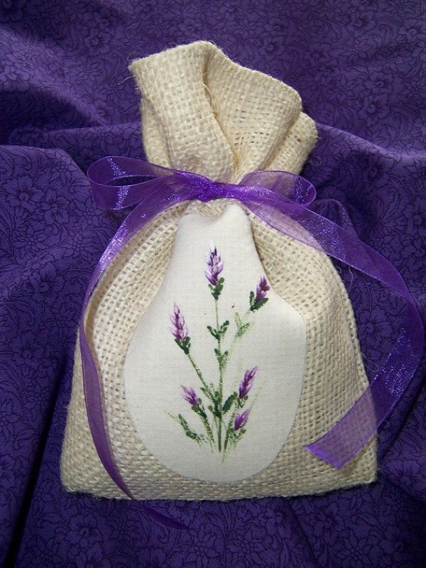 Cozy Expressions Original Design.  Burlap Sachet with handpainted lavender on the front