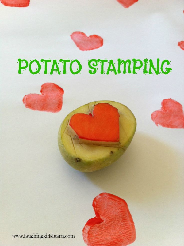 Laughing Kids Learn: Potato Stamps - you could do this with two different colors of paint and have students write equations to match!