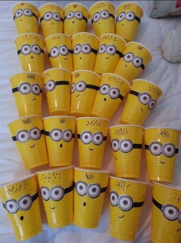 minion cups for blue and gold;  use printable minion eyes also on this pinterest board