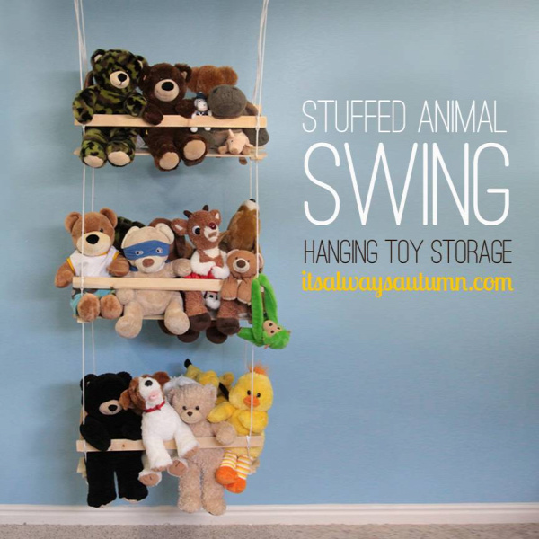 20+ Creative DIY Ways to Organize and Store Stuffed Animal Toys --&gt; DIY Hanging Toy Storage - Stuffed Animal Swing