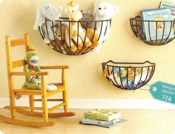 20+ Creative DIY Ways to Organize and Store Stuffed Animal Toys --&gt; Garden Hanging Baskets Mounted On The Wall As Toy Storage