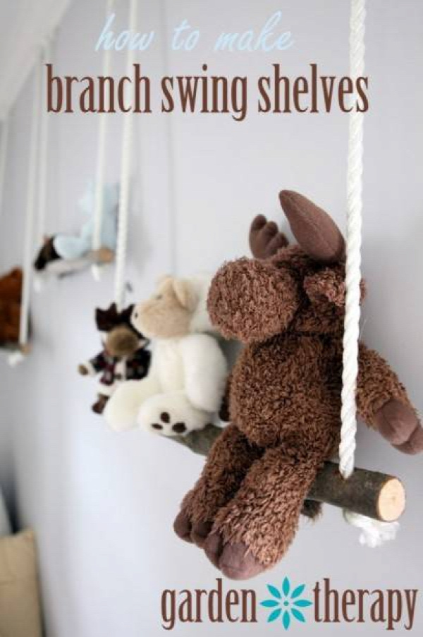 20+ Creative DIY Ways to Organize and Store Stuffed Animal Toys --&gt; DIY Branch Swing Shelves for Stuffed Toys
