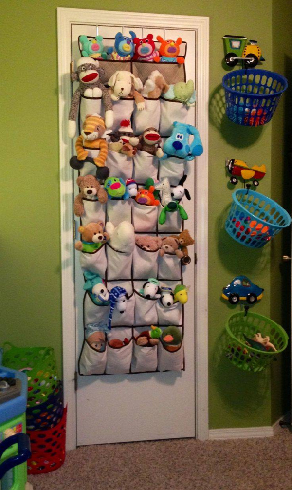 20+ Creative DIY Ways to Organize and Store Stuffed Animal Toys --&gt; Stuffed Animals in Shoe Organizers