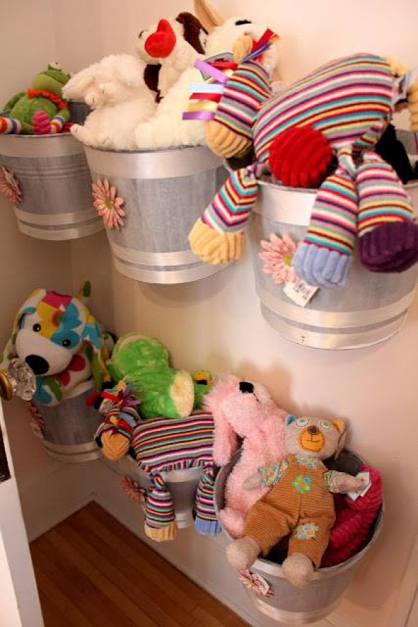 20+ Creative DIY Ways to Organize and Store Stuffed Animal Toys --&gt; Wall Mounted Buckets As Storage For Stuffed Animals