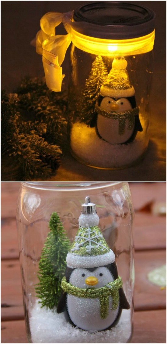 Illuminated Snow Scene - 12 Magnificent Mason Jar Christmas Decorations You Can Make Yourself