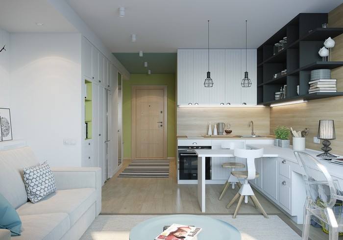 konyha nappali kicsi alapterület előtér 3D terv modern otthoni iroda