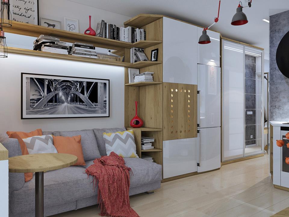 konyha nappali kicsi alapterület előtér 3D terv erkély tárolás modern otthoni iroda amerikai konyha