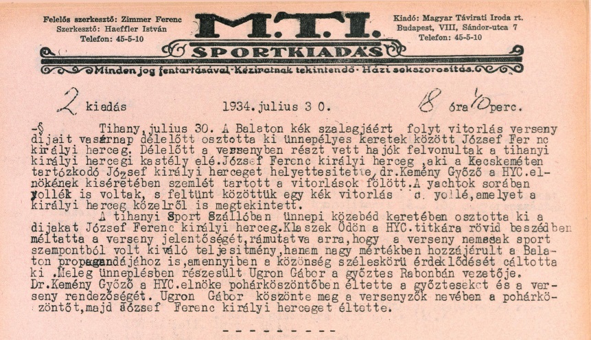 Kékszalag 50. Kékszalag Erste Nagydíj történelem verseny Magyar Vitorlás Szövetség 1934