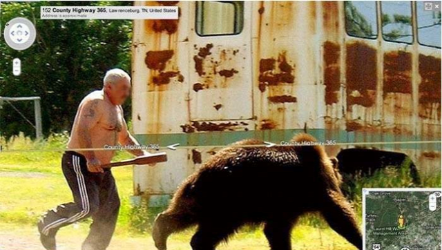 Russian guy chasing a bear.