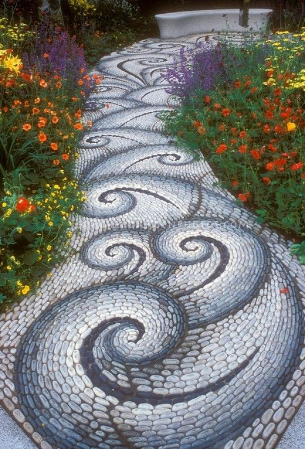 River Rocks Mosaic Path. A lot of work, but an awesome way to improve a bland concrete pathway you can't take up.