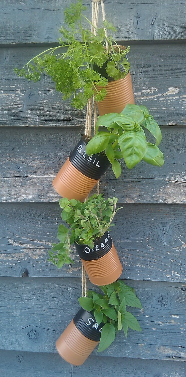35+ Creative DIY Herb Garden Ideas --> DIY Hanging Soup Can Herb Garden