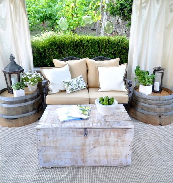 15 Outdoor Furniture Inspiration: love these barrel tables with lanterns