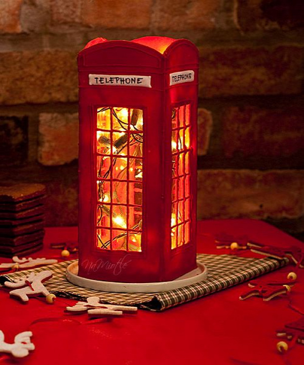 LITTLE RED TELEPHONE BOOTH!!! Use 1L milk cartons, cut holes, cover with tissue/wax paper paint grid.