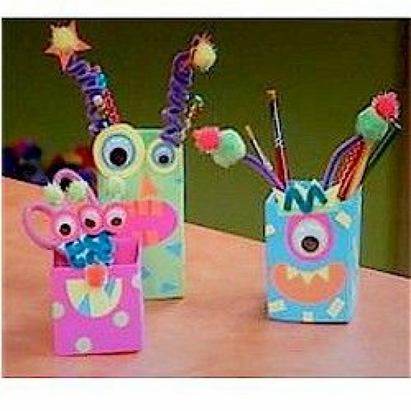 Recycle empty Milk Cartons into fun monsters then create your own story.www.freekidscrafts.com