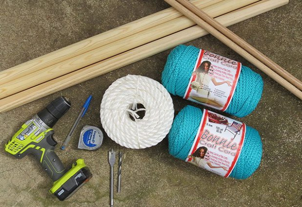 Supplies to make a macrame hanging chair.