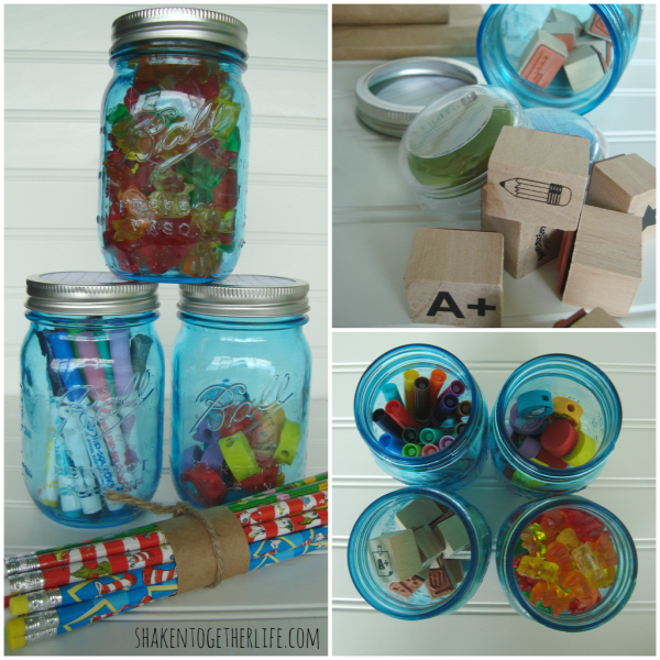 Mason jars hold teacher supplies & treats at shakentogetherlife.com
