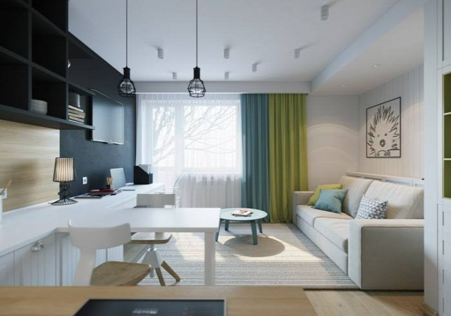 konyha nappali kicsi alapterület előtér 3D terv modern otthoni iroda