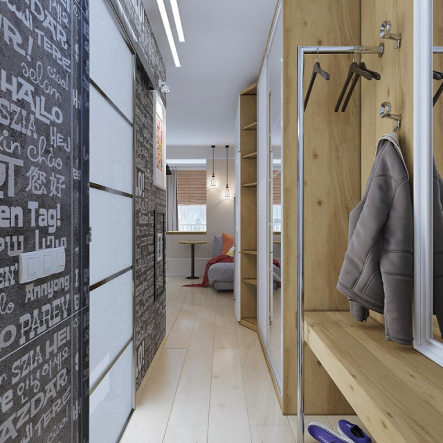 konyha nappali kicsi alapterület előtér 3D terv erkély tárolás modern otthoni iroda amerikai konyha