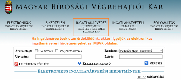 ingatlanárverés mbvk.hu elektronikus ingatlanárverési hirdetmények ingatlan licit árverés végrehajtás Budapest Magyarország Ingatlanműhely